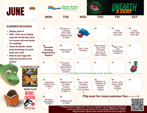Calendar of library events for the summer reading program at the Caro Area District Library in June 2026